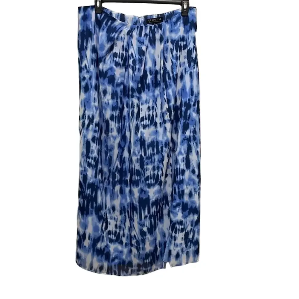 Eloquii Womens Maxi Lined Skirt Size 16 Abstract Print Blue Faux Wrap Side Split